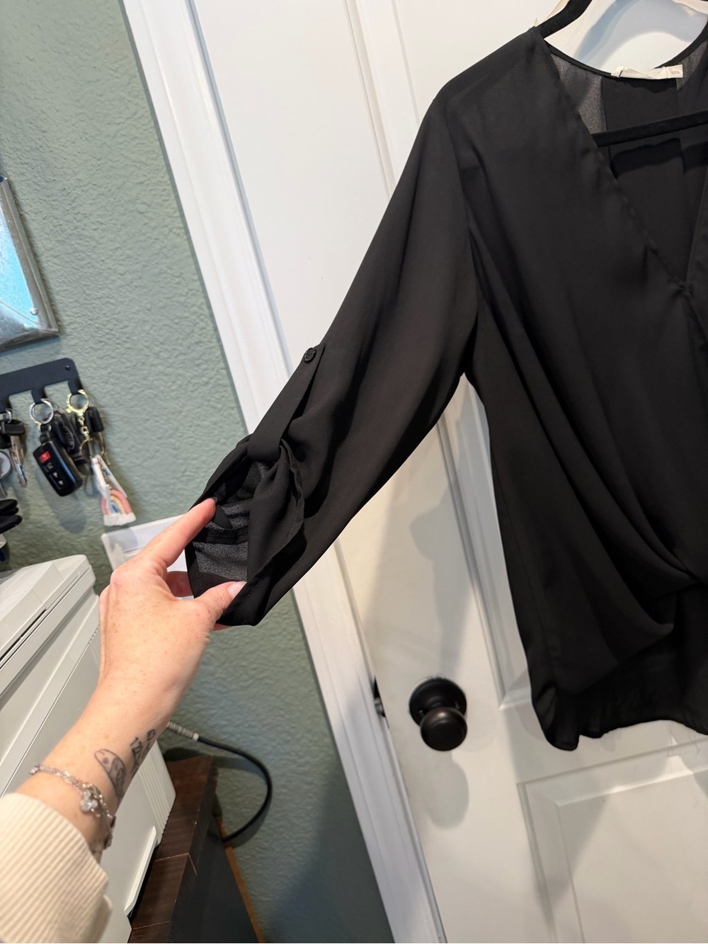 Lush Black Draped Surplice Blouse - - Picture 2 of 4